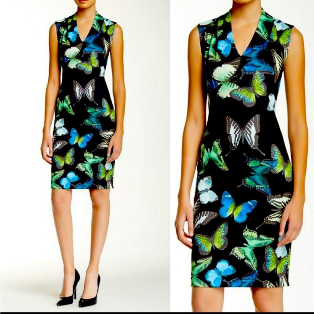 Ted Baker London Black Midi Dress with Blue & Green Butterfly Print